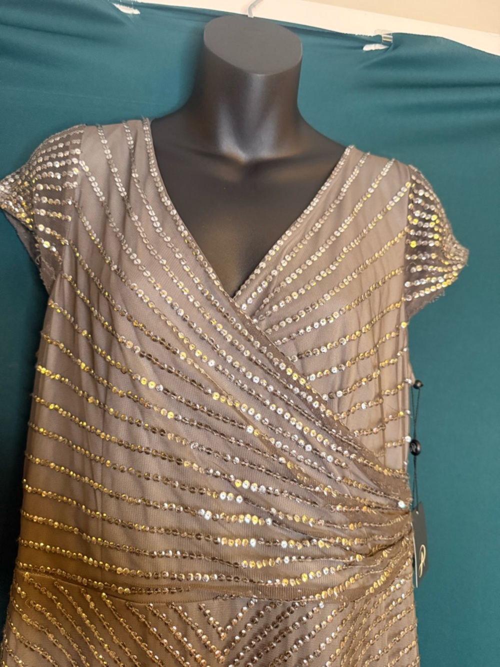 Designer Brand New Gray Sequin Wrap V-Neck Evening gown